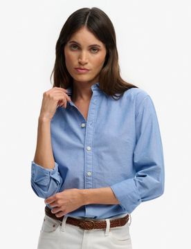 Superdry Damen Oxford Langarmhemd mit Schmaler Passform Blue - Größe: 44