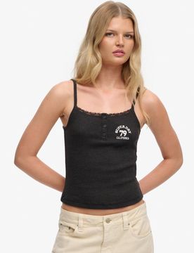 Superdry Damen Athletic Essentials Trägertop mit Knopfleiste und Stickerei Grey - Größe: 44