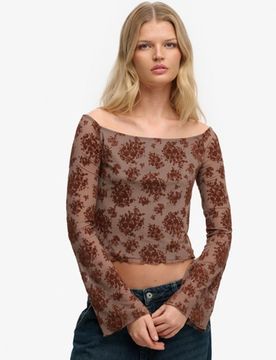 Superdry Damen Langarmshirt aus Mesh mit Flockdruck Brown - Größe: 38