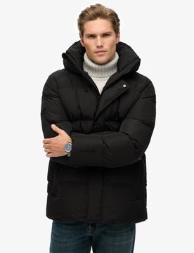 Superdry Herren Gesteppt Mittellange Sport Kapuzenjacke, Schwarz - Größe: XL