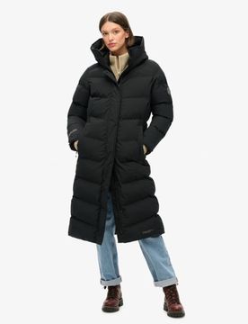 Superdry Damen Schwarz Langer City Steppmantel mit Chevronstreifen, Größe: 40