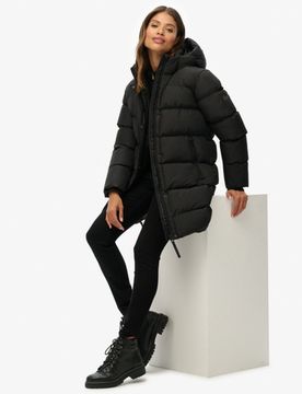 Superdry Damen Sportliche, Mittellange Steppjacke mit Kapuze Black - Größe: 40