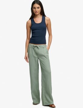 Superdry Damen Leinenhose mit Tiefem Bund Green - Größe: 36
