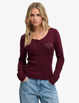 Superdry Damen Athletic Langarmshirt mit Knopfleiste Red - Größe: 38
