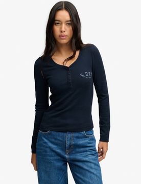 Superdry Damen Athletic Langarmshirt mit Knopfleiste Navy - Größe: 36