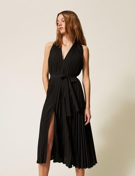 Robe longue en popeline et crêpe de Chine