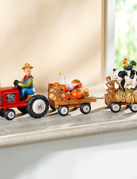 Dekofiguren "Erntedank-Traktor mit Anhänger" mehrfarbig