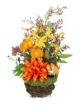 Kunstblumengesteck "Dahlie mit Eichhörnchen" orange