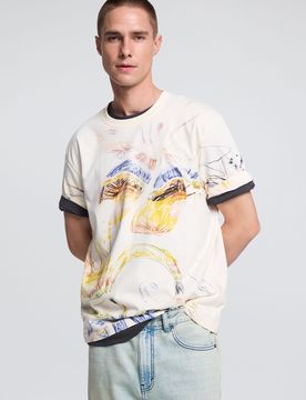 T-shirt imprimé à motifs, Coton, Blanc, XS