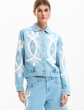 Chaqueta tejana bordados, Algodon, Azul, XS