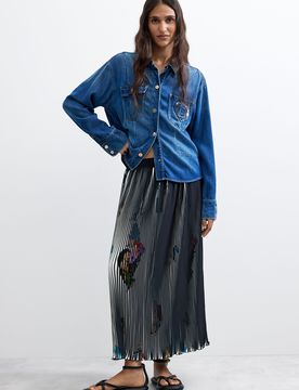 Falda midi textura arty, Poliester, Negro, XS