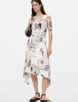 Vestido Sin Mangas Estampado, Viscosa, Blanco, XS