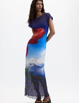 Vestido Manga Corta Estampado, Poliester, Azul, XS