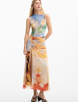 Vestido largo drapeado, Mujer, Poliester, XS