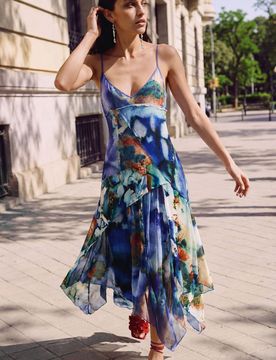 Robe asymétrique imprimée, Bleu, XS