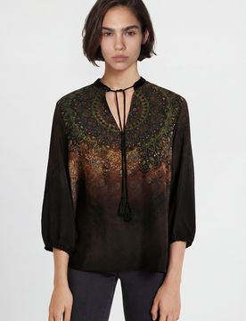 Blusa estampada manga 3/4, Viscosa, Negro, XS