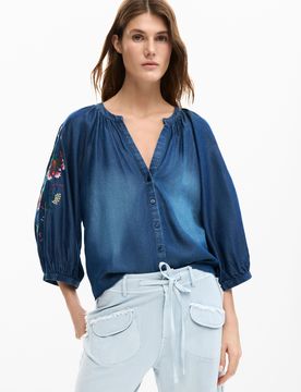 Blouse broderies ballon, , Lyocell, Bleu, XS