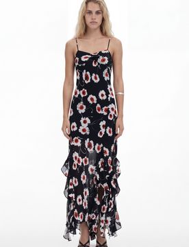 Vestido midi amapolas volantes, Poliester, Negro, XL