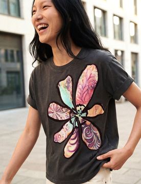T-shirt fleur, Coton, Noir, XS