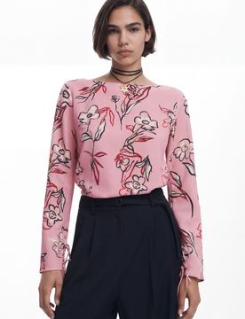 Blusa flores, Poliester, Rojo, XS