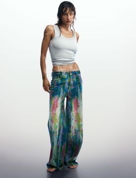 Jean wide leg à taches, , Coton, Bleu, 34