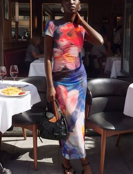 Vestido tul estampado, Poliester, XS