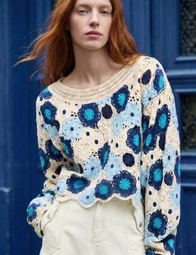 Jersey crochet flores, Mujer, Azul, S