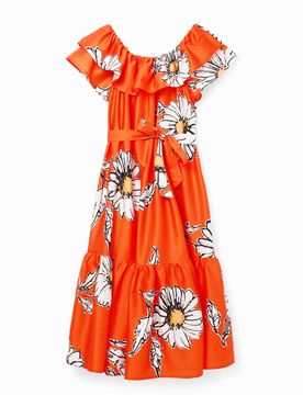 Robe midi volants marguerites, Coton, Orange, XS