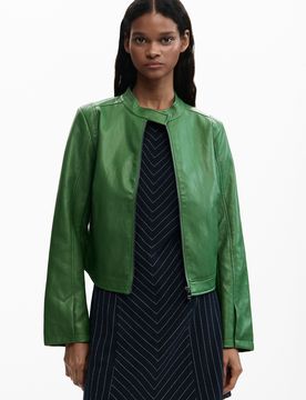 Chaqueta efecto piel, Poliuretano, Verde, XS