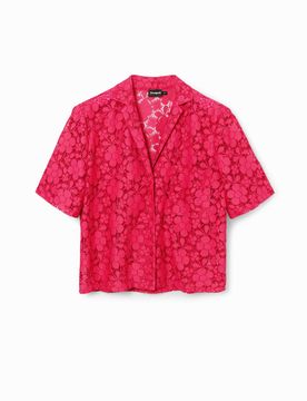 Camisa corta resort encaje, Poliester, Rojo, XS