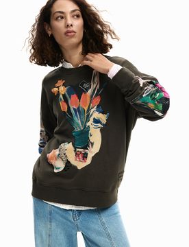 Sweat-shirt collage dessin, , Coton, Noir, XS