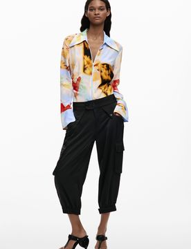 Pantalón capri cargo, Mujer, Poliester, Negro, XS