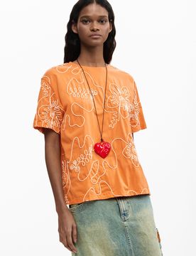 T-shirt broderies fleurs, , Coton, Orange, XS