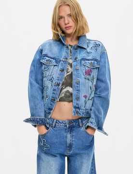 Veste en denim brodée 100 % coton, , Coton, Bleu, XS