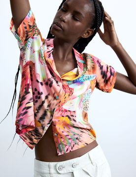 Chemise à manches courtes tropicale, , Viscose, Rouge, XS