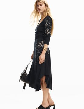 Vestido midi flor, Mujer, Viscosa, Negro, XS