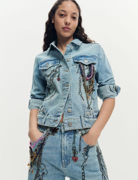 Veste en denim imprimée, , Coton, Bleu, XS
