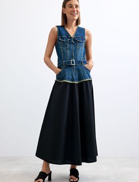 Robe en denim sans manches, Coton, Bleu, XS