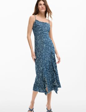 Vestido volantes denim, Mujer, Lyocell, Azul, XS