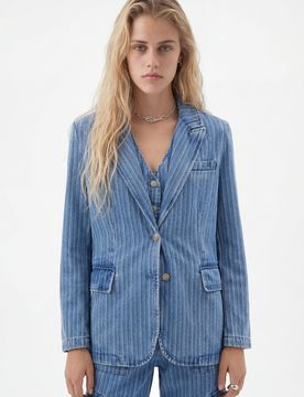Blazer denim rayado, Azul, XS