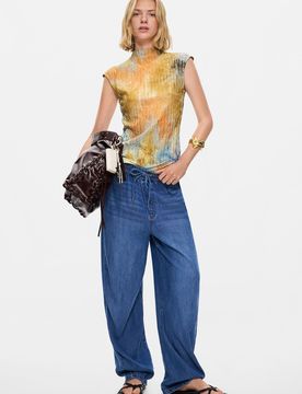 Pantalón largo denim elástico, Mujer, Azul, XS