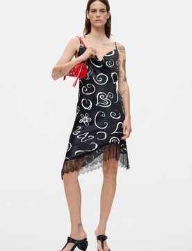 Robe courte à bretelles imprimée, Viscose, Noir, XS