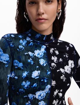 T-shirt bicolore à fleurs, , Viscose, Noir, XS