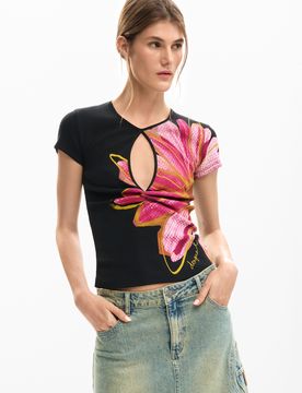 Camiseta abertura flor, Mujer, Algodon, Negro, S