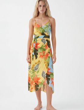 Robe midi croisée tropicale, Viscose, XS