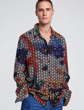 Camisa bordada estampada, Azul, XS