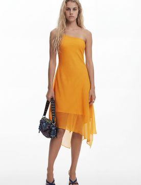 Vestido midi asimétrico capas, Poliester, Naranja, M