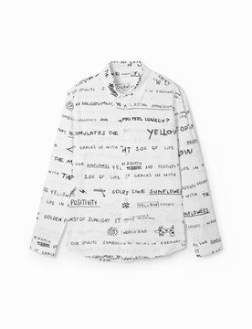 Chemise à manches longues avec lettrage, Coton, Blanc, S