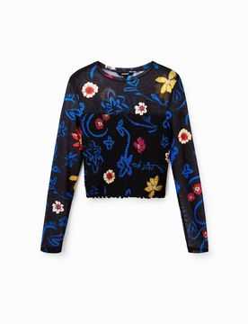 T-shirt court slim fleurs, Polyester, Noir, L