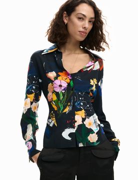 Chemise collage nouée, , Viscose, Noir, XS